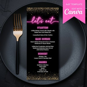 Birthday Dinner Menu TEMPLATE, Let's Eat, Neon Pink and Gold Glitter, Event Place Card, Printable Dinner Party Card, Canva Template
