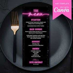 Birthday Dinner Menu TEMPLATE, Neon Pink and Black, Event Place Card, Printable Dinner Party and Drink Menu Card, Editable Canva Template