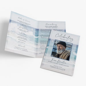 Funeral Program TEMPLATE for Fisherman, 4 Page Bifold Obituary, Funeral Order of Service ocean theme, Celebration of Life Memorial 4 Page