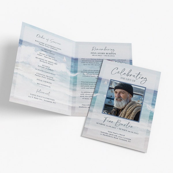 Funeral Program TEMPLATE for Fisherman, 4 Page Bifold Obituary, Funeral Order of Service ocean theme, Celebration of Life Memorial 4 Page