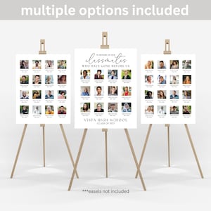 Op de afbeelding: Drie witte borden met zwarte tekst en foto's op ezelstandaards. Het middelste bord staat er: "Ter nagedachtenis aan onze klasgenoten die ons zijn voorgegaan. Vista High School Klas van 1971". De borden staan op een witte achtergrond.