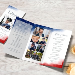 Trifold Funeral Program TEMPLATE American Flag, Patriotic Celebration of Life Order of Service, Foldable Memorial Program, Pritable Obituary