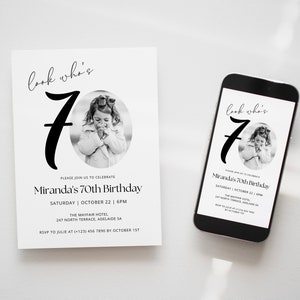 70th Birthday Digital Invitation TEMPLATE, Minimalist Text Invitation, Look Who's 70, Printable Invite for Seventieth Celebration White