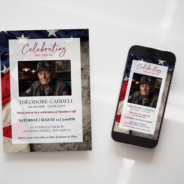 Funeral Announcement TEMPLATE for Veteran, Patriotic Celebration of Life Text Invitation, Digital Memorial Printable for Military, US Flag