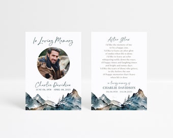 Mountains Memorial Card Template, After Glow Poem Prayer Card, Double Sided Obituary Card, Funeral Favor for Hikers or Mountain Climbing