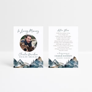 Mountains Memorial Card Template, After Glow Poem Prayer Card, Double Sided Obituary Card, Funeral Favor for Hikers or Mountain Climbing