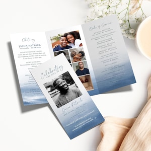 Trifold Funeral Program TEMPLATE for Men, Blue Watercolor Celebration of Life Order of Service, Foldable Memorial, Printable Obituary Card