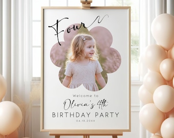 4th Birthday Party Welcome Sign With Photo, Minimalist Boy Girl Forth Birthday Poster: (Editable Canva Template)