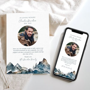 Mountains Bereavement Card TEMPLATE, Funeral Thank You Card, Electronic Thank You Text, Digital 7x5 Printable, Phone Memorial Card