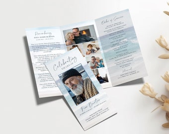 Trifold Funeral Program TEMPLATE for Men, Gone Fishing Fisherman Sailboat Ocean, Celebration of Life Order of Service, Printable Obituary