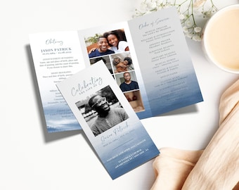 Trifold Funeral Program TEMPLATE for Men, Blue Watercolor Celebration of Life Order of Service, Foldable Memorial, Printable Obituary Card