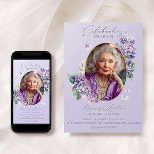 May include: Purple and white floral memorial invitation with a photo of a woman in a purple dress. The invitation reads "Celebrating the Life of Rosemary Lovelace 05.22.1945 - 04.17.2025" and includes the date, time, and location of the memorial service.