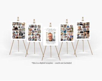 Funeral Photo Collage Poster TEMPLATE Set, Celebration of Life Poster Bundle, Minimalist Memorial Welcome Sign for Man or Woman
