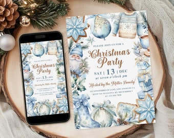 May include: A blue and white Christmas party invitation with a watercolor design featuring snowflakes, ornaments, and a Santa Claus figure. The invitation text reads "Please join us for a Christmas Party, Sat 13 Dec at seven o'clock pm, Hosted by the Miller Family, 123 Gingerbread Lane, Los Angeles CA, RSVP to Julianna by December 5 at 123-456-7890."