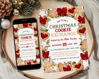 May include: A Christmas cookie exchange invitation with a festive gingerbread cookie design. The invitation features red and green bows, candy canes, and gingerbread men. The text reads "Join us for a Christmas Cookie Exchange hosted by the Miller Family, December 15, 11am-3pm, 123 Gingerbread Lane, New York. Please bring cookies to share with 20 friends and also plenty of copies of your recipe! RSVP to Joanna at 1234 567 890."
