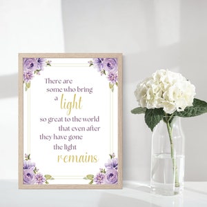 The Light Remains Funeral Poem Ready to Print, purple floral funeral poem digital download, celebration of life, memorial table poem