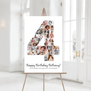 Number 4 Birthday Photo Collage TEMPLATE, Personalized 4th Birthday Gift for Boy or Girl, Party Decor Ideas, Canva Picture Collage