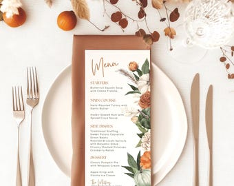 Thanksgiving Dinner Menu TEMPLATE printable, Editable Friendsgiving Menu, Dinner Party Decor, Fall Autumn Floral Pumpkin, Canva Template, T1