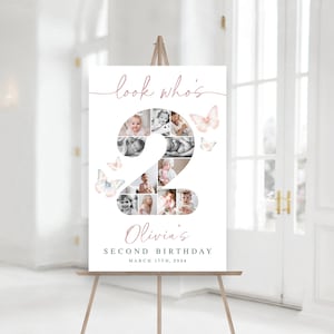 Pink Butterfly 2nd Birthday Welcome Sign TEMPLATE, Look Who's 2, Photo Collage Poster Board, Birthday Milestone Poster, Party Decor Ideas