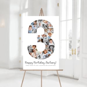 Puede incluir: Un póster blanco con un gran número 3 hecho de fotos de un bebé. El texto "Happy Birthday Zachary! Three years of love, laughter and adventures" está debajo del número.