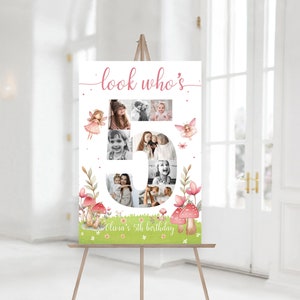 May include: A pink and green birthday sign with a large number 5 made of photos. The sign says "look who's" and "Olivia's 5th birthday".