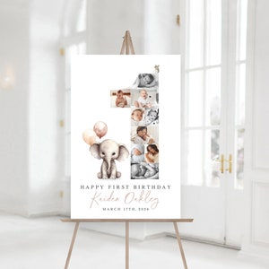 1st Birthday Welcome Sign TEMPLATE, Beige Neutral Elephant and Mouse, First Birthday Photo Collage Poster Gift, Party Decor Ideas