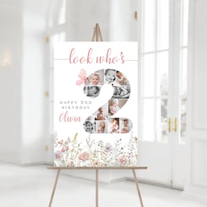Wildflower 2nd Birthday Welcome Poster TEMPLATE for girl, Look Who's 2, Photo Collage Board, Party Decor Ideas, Canva Template