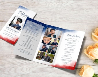 Trifold Funeral Program TEMPLATE American Flag, Patriotic Celebration of Life Order of Service, Foldable Memorial Program, Pritable Obituary