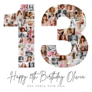 13th Birthday Photo Collage TEMPLATE, 13th Birthday Gift, Customizable Birthday Welcome Sign, Number Thirteen Poster, Party Decor Ideas, BC1
