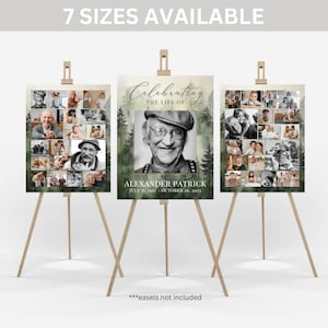 Green Forest Celebration of Life Poster TEMPLATE for Men, Funeral Photo Collage Set for Hunters or Hikers, Memorial Welcome Sign Display,