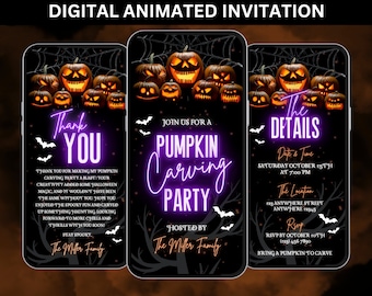 May include: Three digital animated invitations for a Halloween pumpkin carving party. The first card says "Thank You" with a purple neon glow. The second card says "Join us for a Pumpkin Carving Party" with a purple neon glow. The third card says "The Details" with a purple neon glow and includes the date, time, and location of the party. All three cards feature a black background with a spiderweb pattern and orange pumpkins with scary faces.