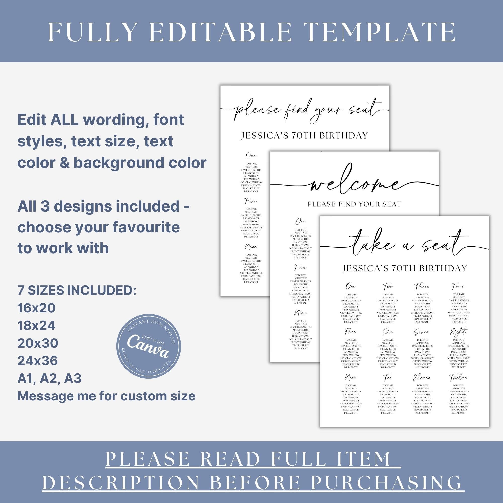 Seating Chart TEMPLATE, Seating Plan, Take a Seat, Find Your Seat ...