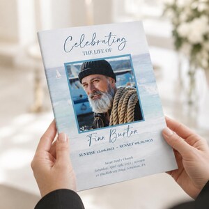 Funeral Program TEMPLATE for Fisherman, 4 Page Bifold Obituary, Funeral Order of Service ocean theme, Celebration of Life Memorial 4 Page