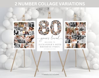 80 Years Loved Birthday Photo Collage Poster TEMPLATE Set, 80th Birthday Welcome Sign, Customizable Number Collage Board, Party Decor Ideas