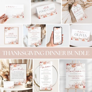 Op de afbeelding: Een Thanksgiving-dinerpakket met printbare borden, kaarten en menu's. De ontwerpen zijn in aquarelstijl met pompoenen, bladeren en bloemmotieven in oranje, roze en bruine tinten.