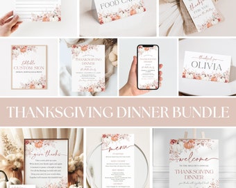 Könnte beinhalten: Ein Thanksgiving-Dinner-Paket mit druckbaren Schildern, Karten und Menüs. Die Designs sind im Aquarell-Stil gehalten und zeigen Kürbisse, Blätter und florale Elemente in Orange-, Rosa- und Brauntönen.