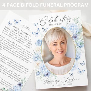 4 Page Bifold Funeral Program TEMPLATE, Blue Flowers with Butterflies, Celebration of Life Order of Service, Memorial Program Obituary, F2