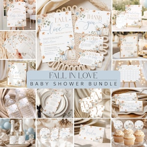 Puede incluir: Un conjunto de papelería para baby shower con temática otoñal, decorado con calabazas en acuarela, hojas de eucalipto y detalles florales en azul y naranja. Incluye invitaciones, tarjetas de agradecimiento, juegos, letreros, etiquetas y tarjetas.