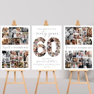 May include: Three white photo collage posters with black text and images of a couple and their family. The posters are on wooden easels. The text on the posters reads "Together in every way", "Celebrating sixty years", and "Forever in every day".
