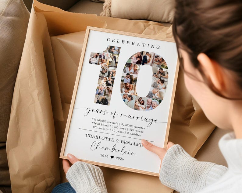 10th Wedding Anniversary Photo Collage TEMPLATE, 10 Years of Marriage Printable Gift Idea, Photo Collage Poster, Gift for Husband or Wife image 3