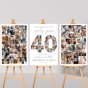 Può includere: Tre pannelli bianchi con un collage di foto che celebrano 40 anni. Il pannello centrale ha il numero 40 fatto di foto e il testo "Celebrating forty years" e "Welcome to Catherine's 40th Birthday Party".