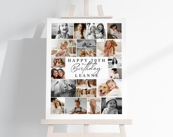 May include: Black and white photo collage featuring a family with the text "Happy 70th Birthday Leanne" in the centre.