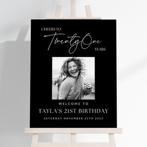 Black 21st Birthday Photo Sign TEMPLATE, Cheers to 21 Years, Customizable Photo Board Twenty One, Photo Display Poster, Digital Download DIY