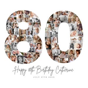 80th Birthday Photo Collage TEMPLATE, 80th Birthday Gift, Customizable Birthday Welcome Sign, Number Eighty Poster, Party Decor, BC1