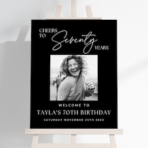 Black 70th Birthday Photo Sign TEMPLATE, Cheers to Seventy Years, Customizable Seventieth, Photo Display Poster, Digital Download DIY