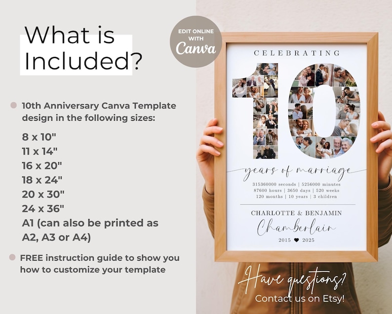 10th Wedding Anniversary Photo Collage TEMPLATE, 10 Years of Marriage Printable Gift Idea, Photo Collage Poster, Gift for Husband or Wife image 5