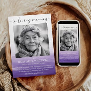 Bereavement Card TEMPLATE, Purple Funeral Thank You Card, Electronic Thank You Text, Digital 7x5 Printable, Phone Memorial Card, F9