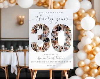 May include: White sign with a photo collage of a couple in the shape of the number 30. The text "Celebrating thirty years" is at the top of the sign. The text "Welcome to Harriet and Peter's 30th Wedding Anniversary Party 09.17.25" is at the bottom of the sign.