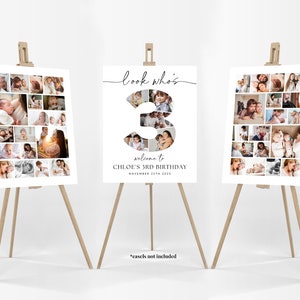 3rd Birthday Photo Collage Poster TEMPLATES, Look who's 3, Third Birthday Welcome, Birthday Decorations for baby or child's Party