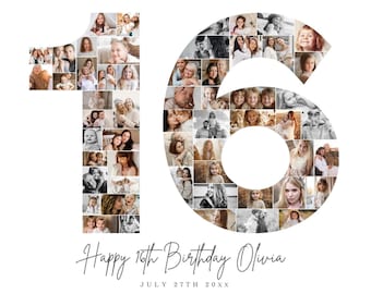 May include: A photo collage in the shape of the number 16, made up of many smaller photos. The text "Happy 16th Birthday Olivia" and "JULY 27TH 20XX" is below the collage.